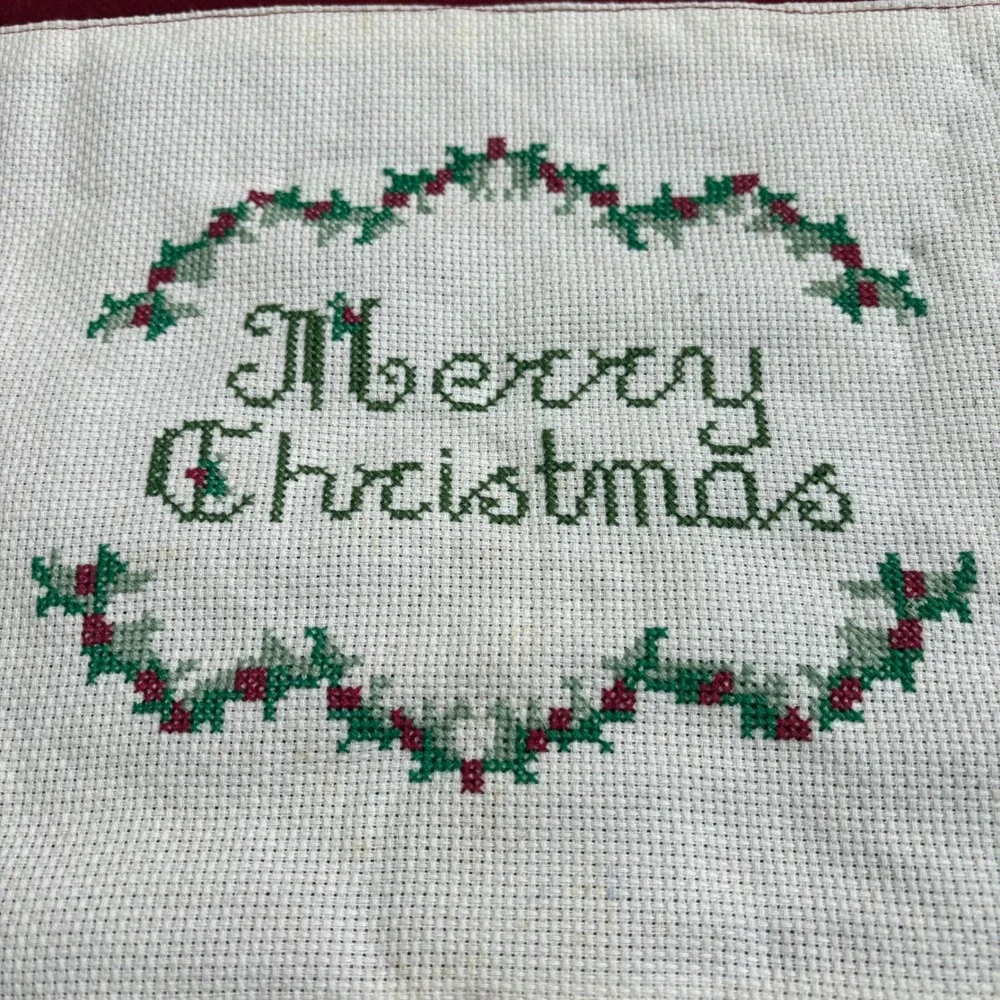 Handmade Vintage Merry Christmas Pillow‎ Cover Embroidered 16x16 No Pillow